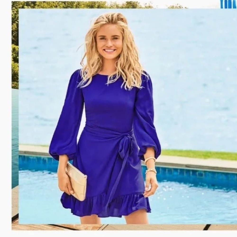 Lilly Pulitzer, long sleeve blue dress wrap skirt - Picture 2 of 8